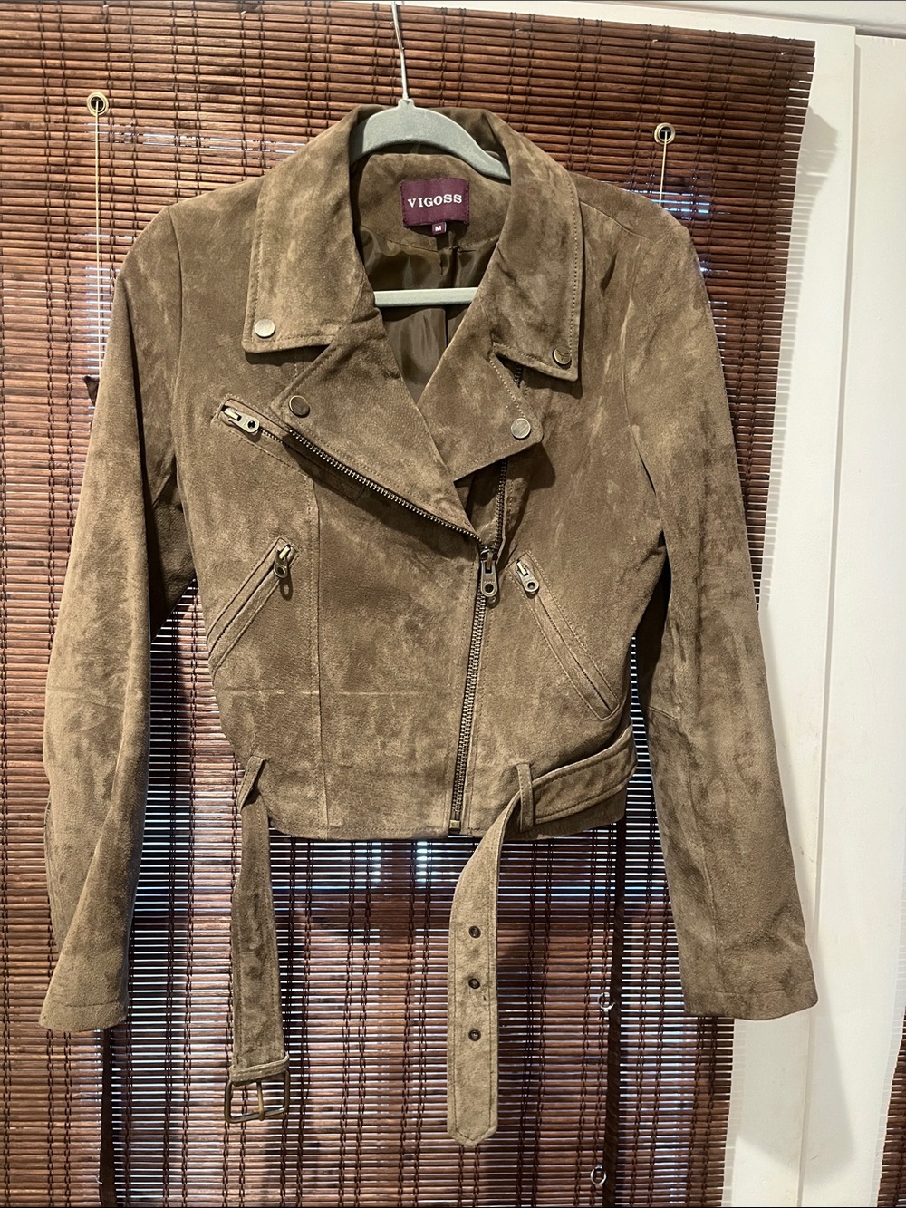 Vigoss Olive Green Suede Moto Jacket with Belted Waist